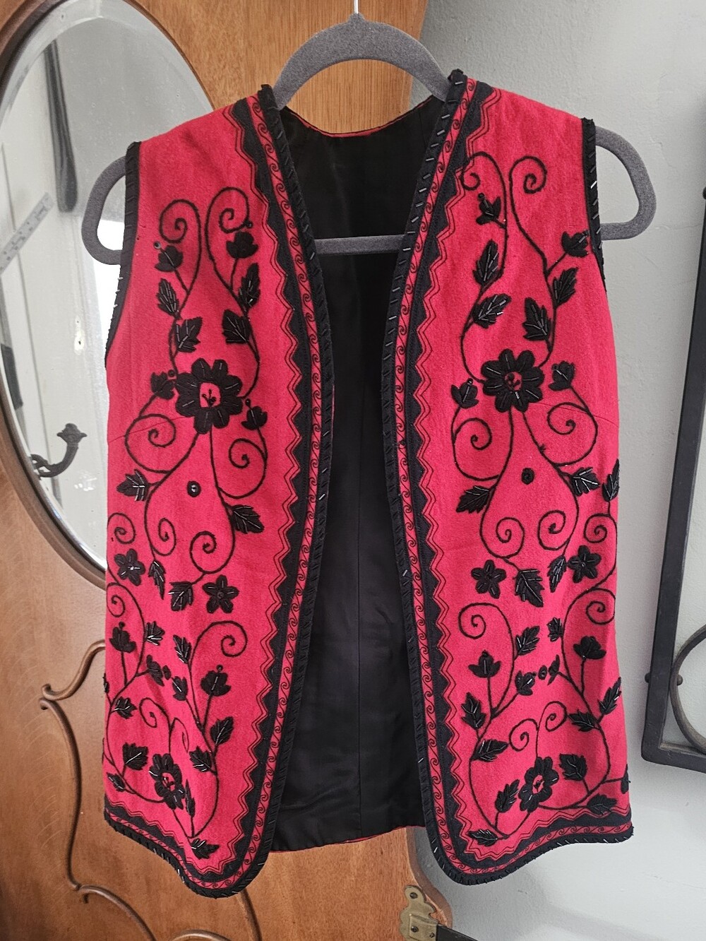Vintage Red Black Embroidered Floral Vest Beaded Folk Boho Longline